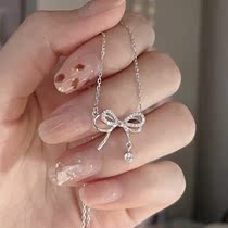 Hong Kong is born pure silver s925 advanced sensation net red sweet and beautiful inlaid butterfly knot necklace with collarbone chain female small and light extravagant