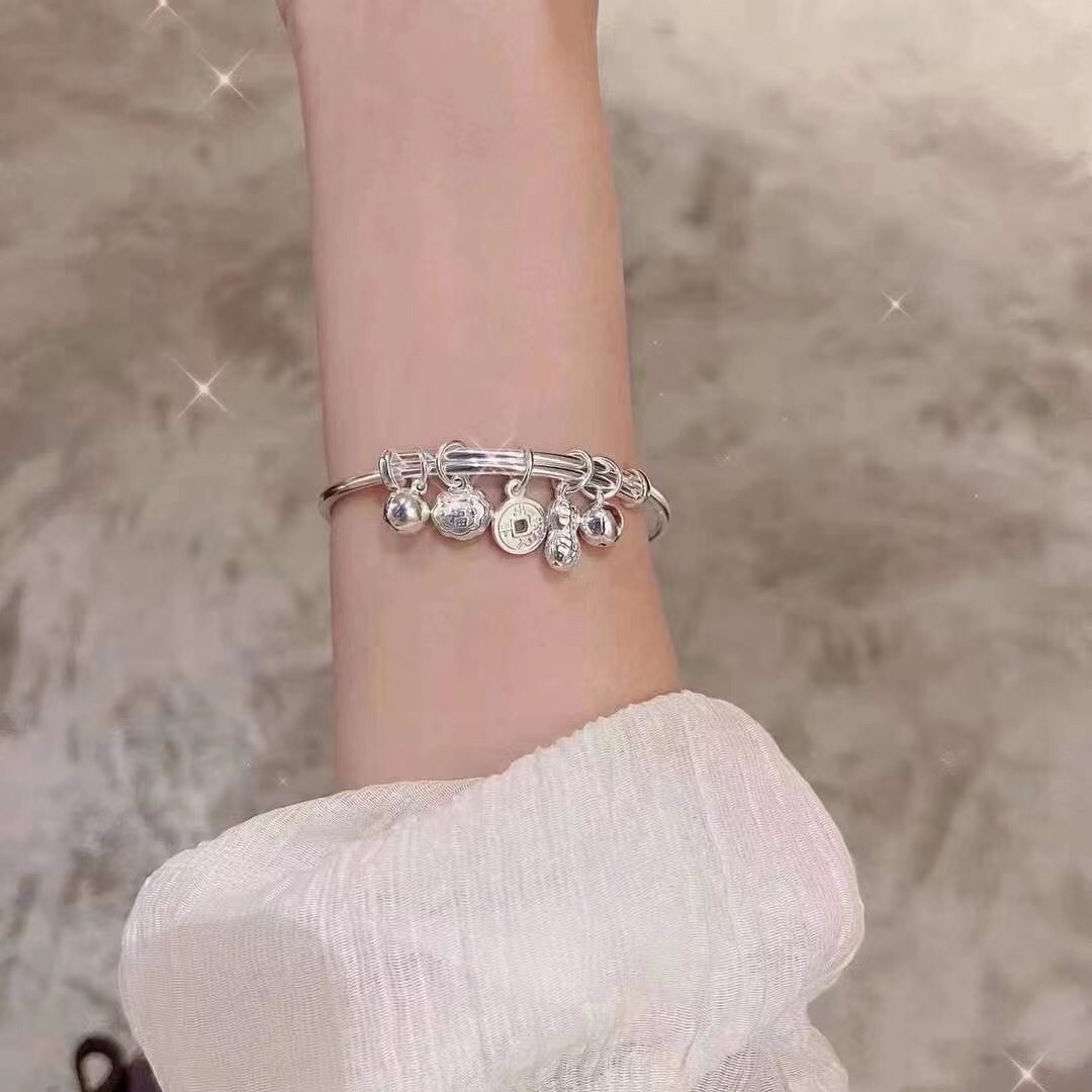 Hong Kong is born pure silver s999 Japan-ROK fashion small crowddesign numismatic peanuts Ruyi lock Five precious bracelet women 100 hitch