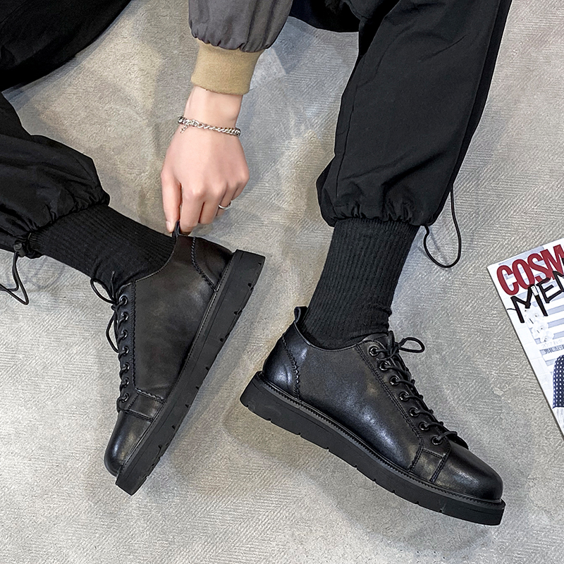 Harajuku Hong Kong style leather casual shoes boys British style all black ins small leather shoes low-top thick-soled Martin shoes