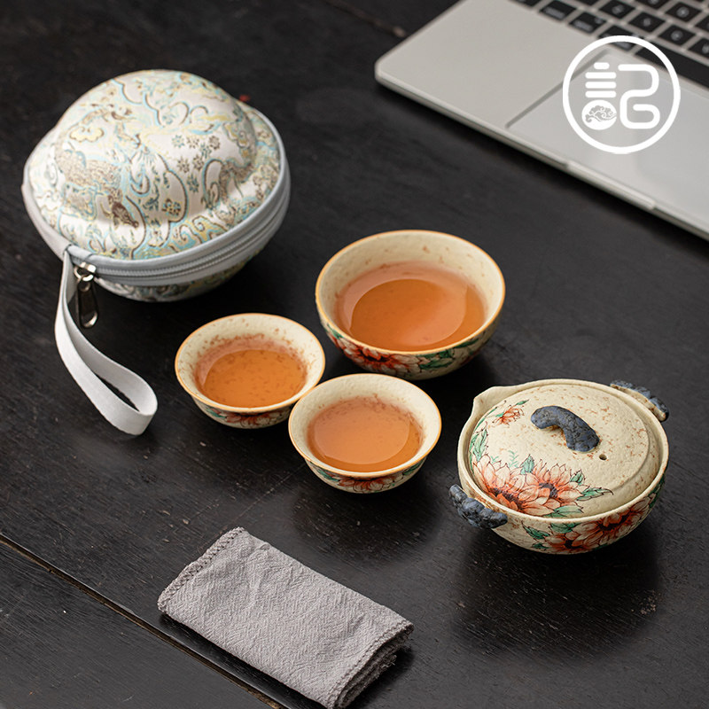 Caramel Glaze Flint Red Retro Blue and White Handheld Pot Travel Tea Set Outdoor Business Travel Portable Quick Cup