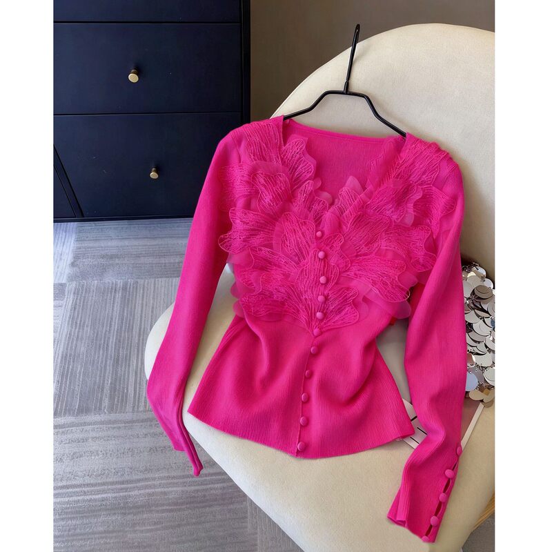 [in Stock] French-Style Sweet Lace Trim Knit Sweater for Women, New Autumn Collection, Super Slimming and Flattering Top