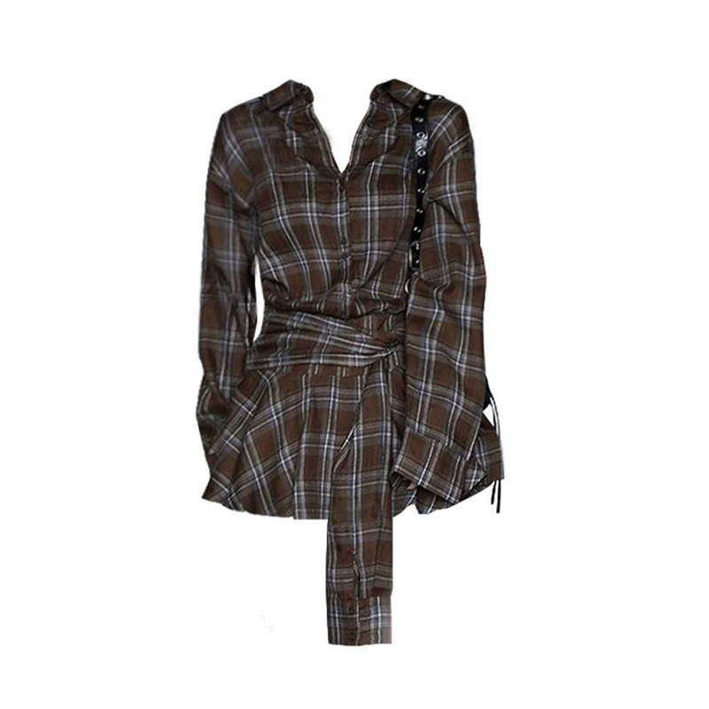 Korean Retro Waist-Tie Plaid Shirt for Women, Early Autumn New Design, High-End Feel, Loose and Slimming, Elegant Top Korean Retro Waist-Tie Plaid Shirt for Women, Early Autumn New Design, High-End Feel, Loose and Slimming, Elegant Top