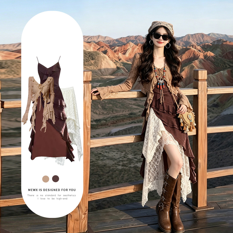 Summer Xinjiang Travel Outfit Set for Women, Wasteland Style, Sun Protection Top, Camisole Dress, Lace Skirt Three-Piece Set Summer Xinjiang Travel Outfit Set for Women, Wasteland Style, Sun Protection Top, Camisole Dress, Lace Skirt Three-Piece Set