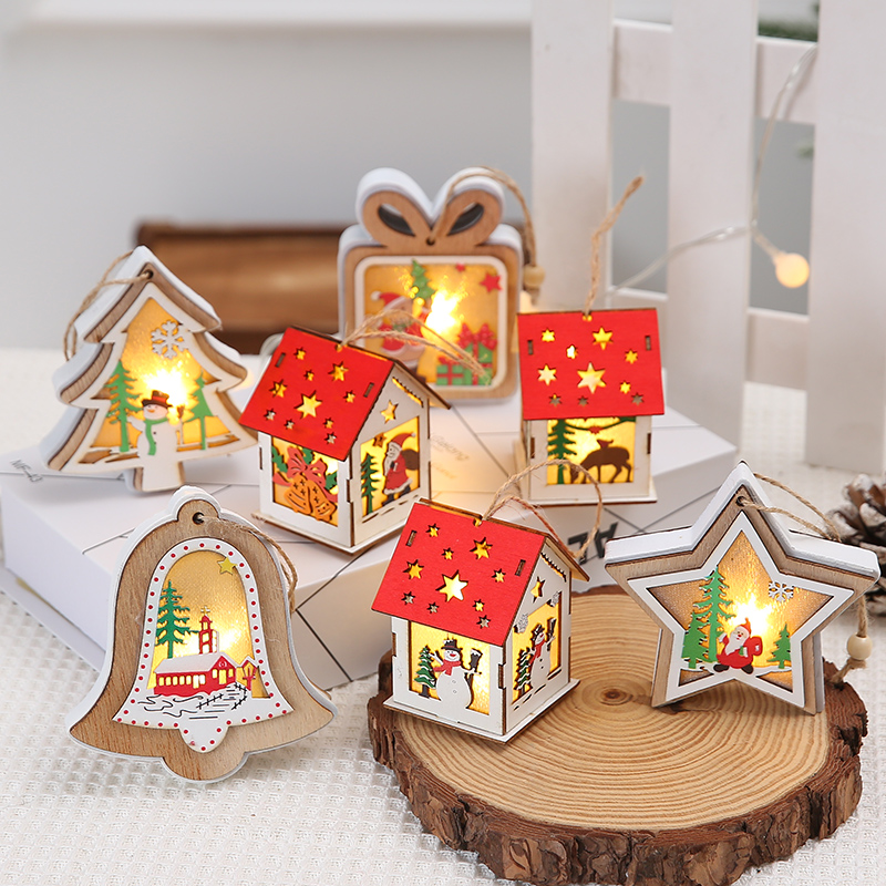 Christmas Wooden House Small House Props Festival Decoration Hanging Accessories Tabletop Pendulum with luminous solid Christmas tree hanging decoration gifts
