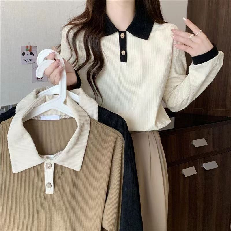 Long-Sleeved Polo Collar Knit Top for Women, Thin Style, Early Autumn 2026 New Loose-Fitting Turn-Down Collar Base Shirt Top