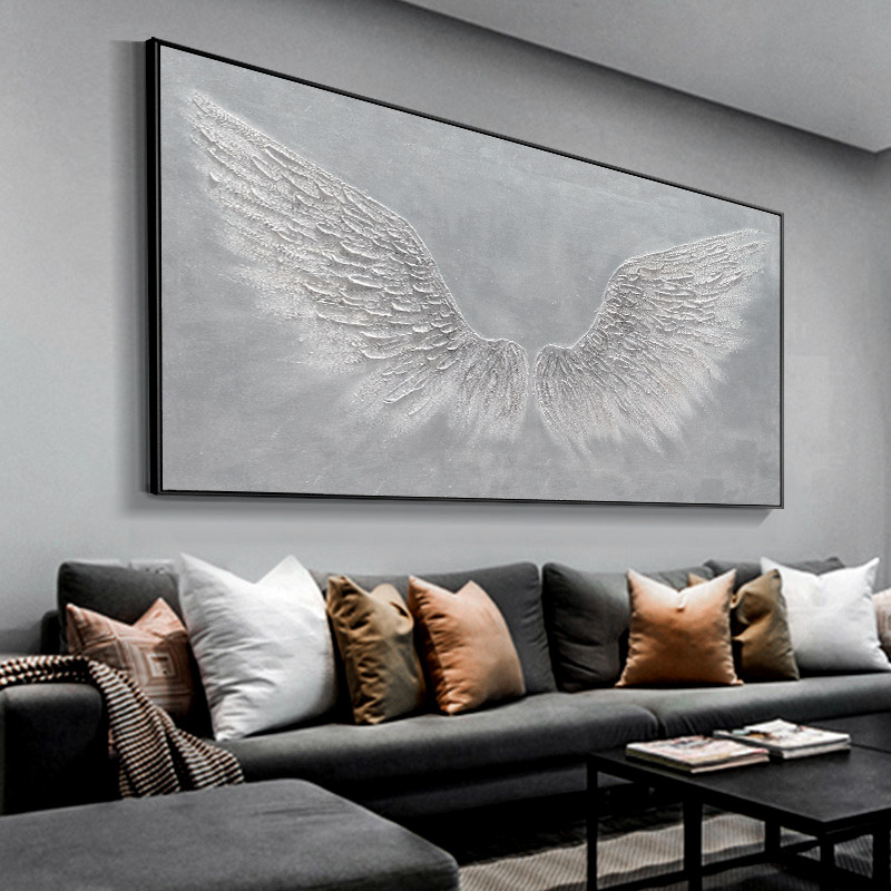 Nordic hand-painted oil painting feather wings hanging painting horizontal version of the living room decoration painting warm bedroom mural model room atmosphere