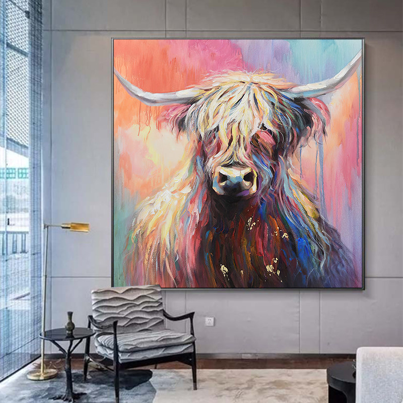 Cattle turn Kunkun cattle decorative painting Living room painting atmospheric hand-painted oil painting Creative personality dining room painting Nordic original design