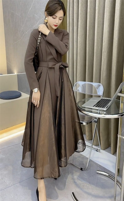 Feminine temperament thin long-sleeved dress 2023 autumn new solid color European and American skirt big swing windbreaker dress