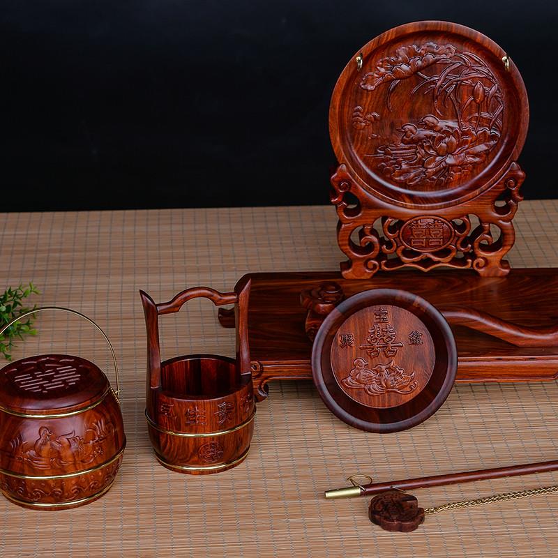 Red Wood Carvings Flowers And Grandchildren Barrel Wedding Celebration Items Three Sets Accompany Wedding Pendulum Large Solid Wood Concentric Lock Pail Dowry-Taobao