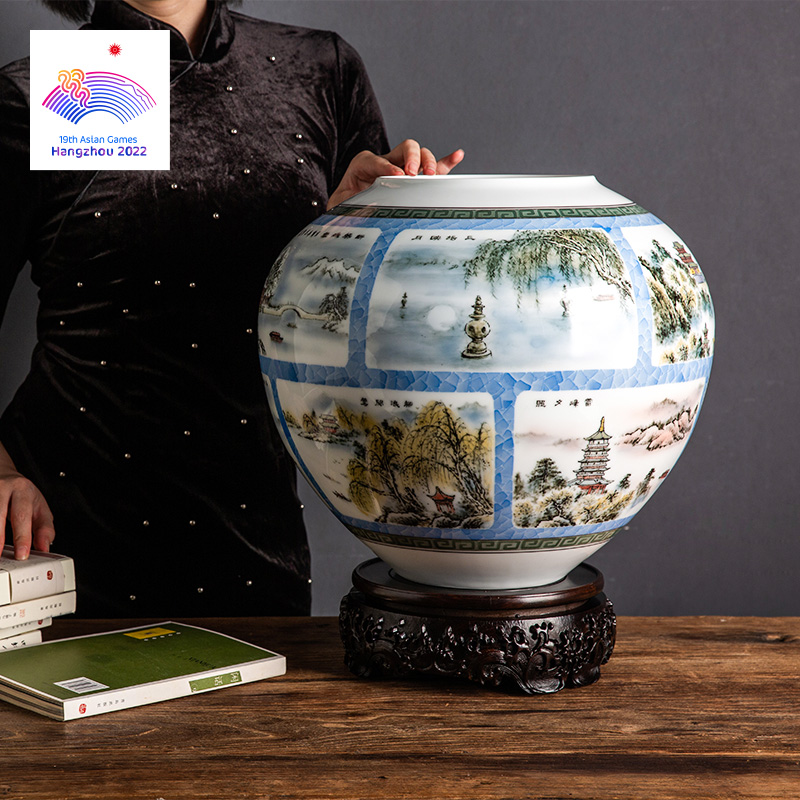 (Limited 19) Hangzhou Asian Yang Taiyu White Jade West Lake ten View Collection Vase from Chinese ceramic master