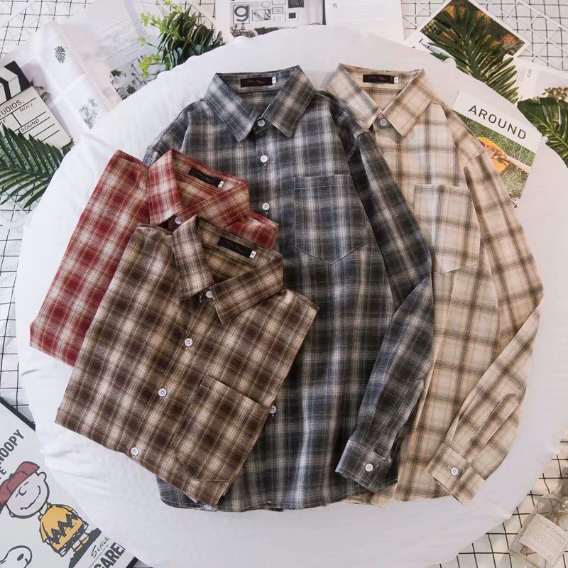 Nhật Bản dài tay phong cách BF của nam giới và lười biếng thủy triều hàng ngày nhân tiểu-shirt áo sơ mi kẻ sọc nghệ thuật bên ngoài của phụ nữ lỏng lẻo-fitting