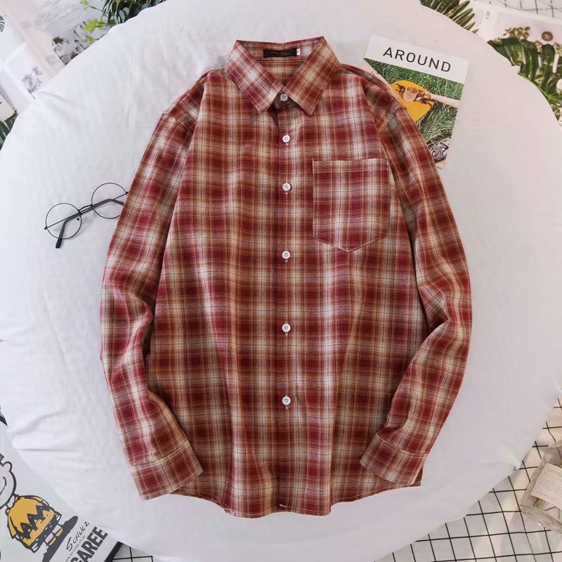 Nhật Bản dài tay phong cách BF của nam giới và lười biếng thủy triều hàng ngày nhân tiểu-shirt áo sơ mi kẻ sọc nghệ thuật bên ngoài của phụ nữ lỏng lẻo-fitting