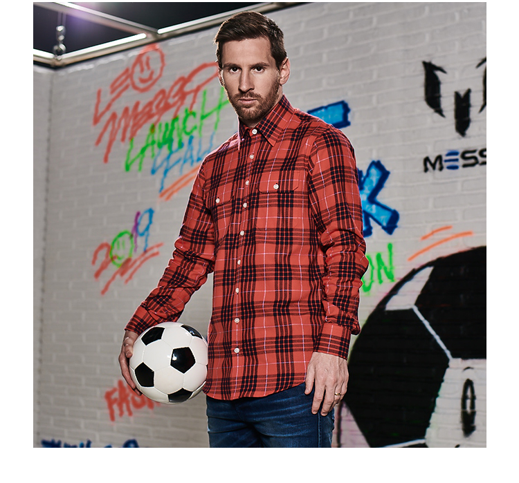 Leo Messi Men's Red Plaid Casual Long-sleeved Shirt