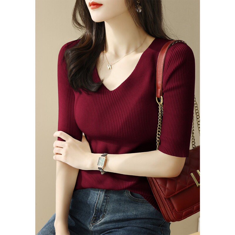 Autumn New Wine Red V-Neck Slim Mid-Sleeve Knitted Base Shirt Sweater Women's Clothing This Year's Popular Beautiful Top