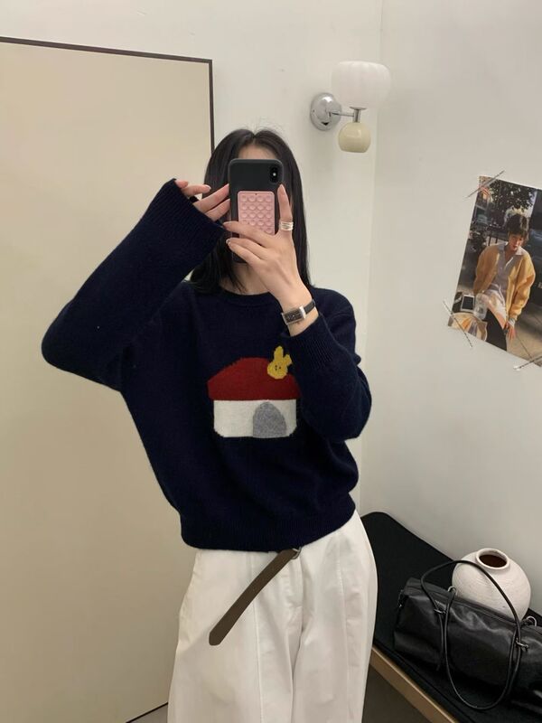 Autumn and Winter New Korean-Style Cartoon Jacquard Loose-Fitting Slimming Warm Knitted Pullover Sweater for Women