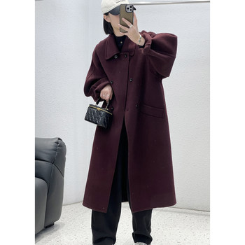 Sheep wool double-breasted lapel long handmade coat