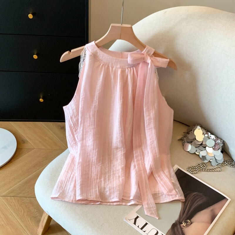 Sweet Bow Ribbon Halter Neck Sleeveless Vest Summer French Babydoll Shirt Petite Chiffon Blouse Top for Women