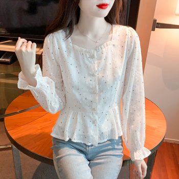 Polka-dot long-sleeved chiffon shirt women's clothing 2022 new autumn waist slimming chic age-reducing Western-style bottoming shirt