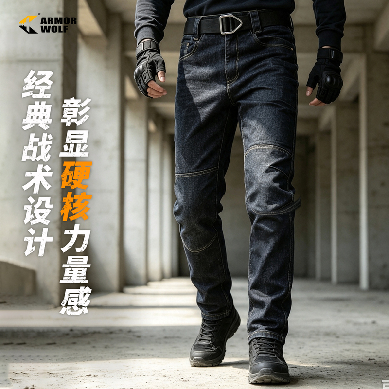 Outdoor Tactical Jeans for Men, Spring and Autumn Workwear Pants, Military Training Pants, Waterproof, Stretchy, Slim-Fit Straight-Leg Trousers