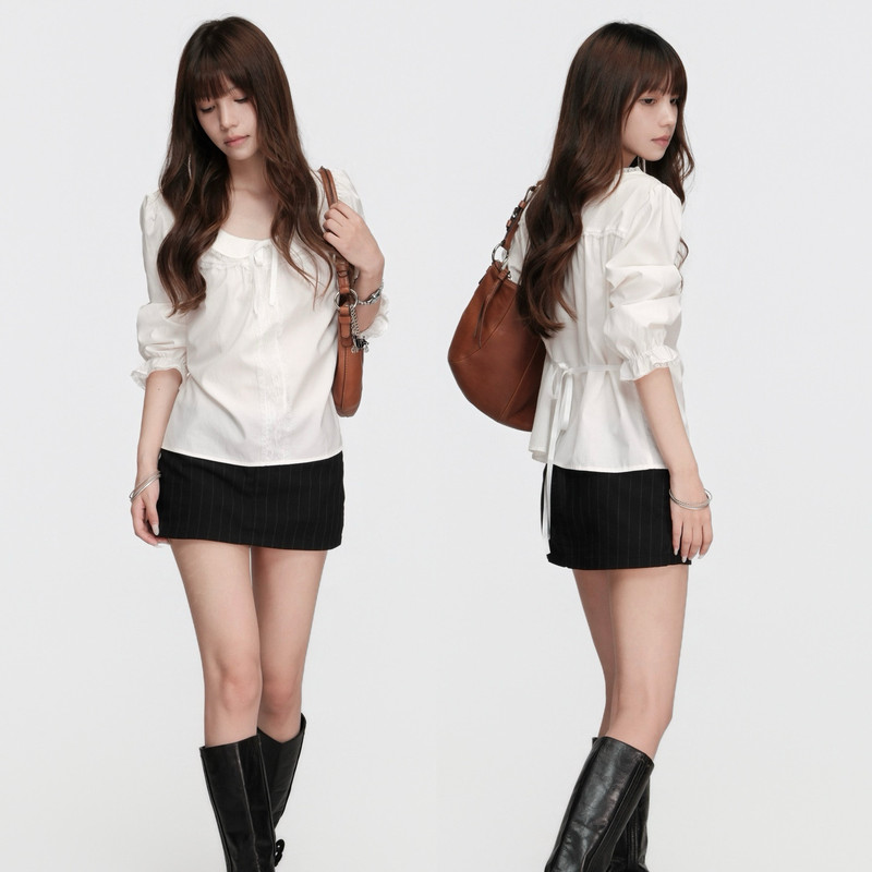 In-Stock Twine Pure Desire High-Intelligence White Lace Patchwork Doll Collar Waist-Cinching Three-Quarter Sleeve Shirt Women's Slim-Fit Top In-Stock Twine Pure Desire High-Intelligence White Lace Patchwork Doll Collar Waist-Cinching Three-Quarter Sleeve Shirt Women's Slim-Fit Top