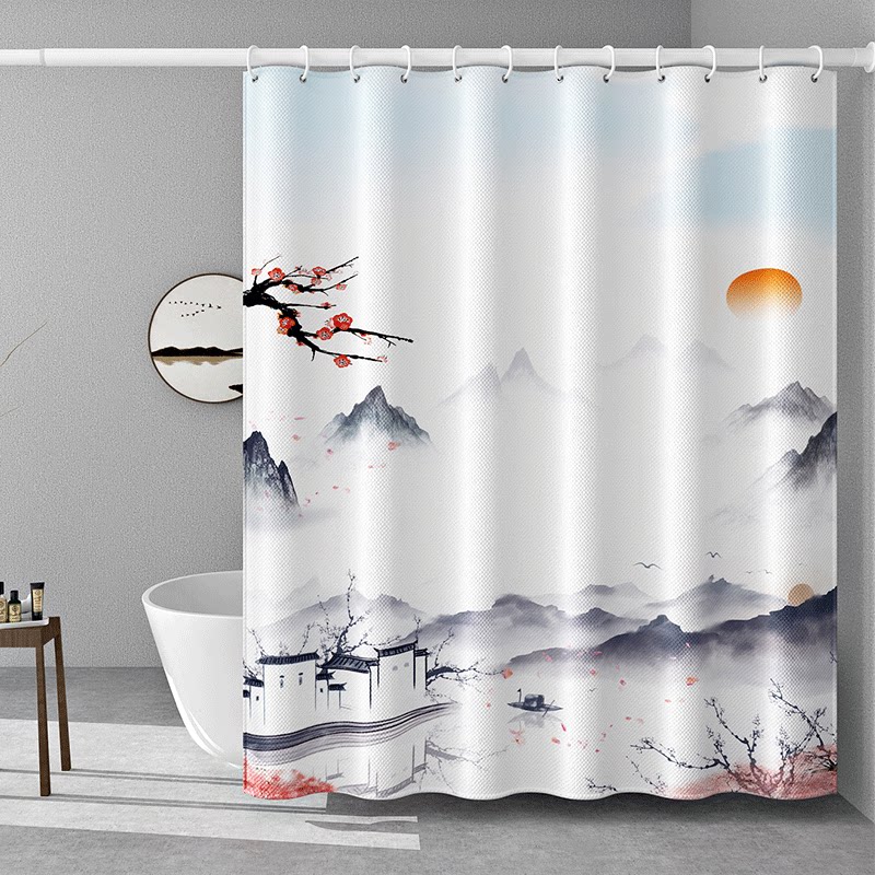 Chinese style bathroom waterproof bath curtain cloth toilet curtain hanging curtain bath curtain partition curtain shower suit free of punch-Taobao