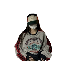 Korean style autumn and winter new retro two-bar splicing loose thin sweatshirt womens fashionable contrasting color mid-length top