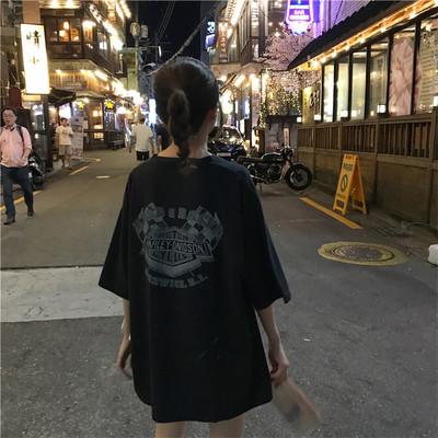 Loose printed medium and long short sleeve T-shirt women's half sleeve jacket casual interior Joker summer large size black tide