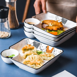 Japanese-style Ceramic Dumpling Plate with Vinegar Dish For Home Plate Large Size Steamed Dumpling Split Plate Creative Snack French Fries Plate