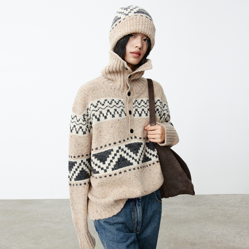 Alpaca Fair Isle Cashmere Yarn Turtleneck Sweater for Women, Autumn and Winter Thickened Jacquard Design Niche Top