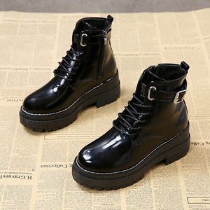 百搭高帮鞋厚底加绒漆皮短靴学生松糕单鞋