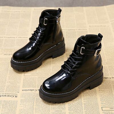 百搭高帮鞋厚底加绒漆皮短靴学生松糕单鞋