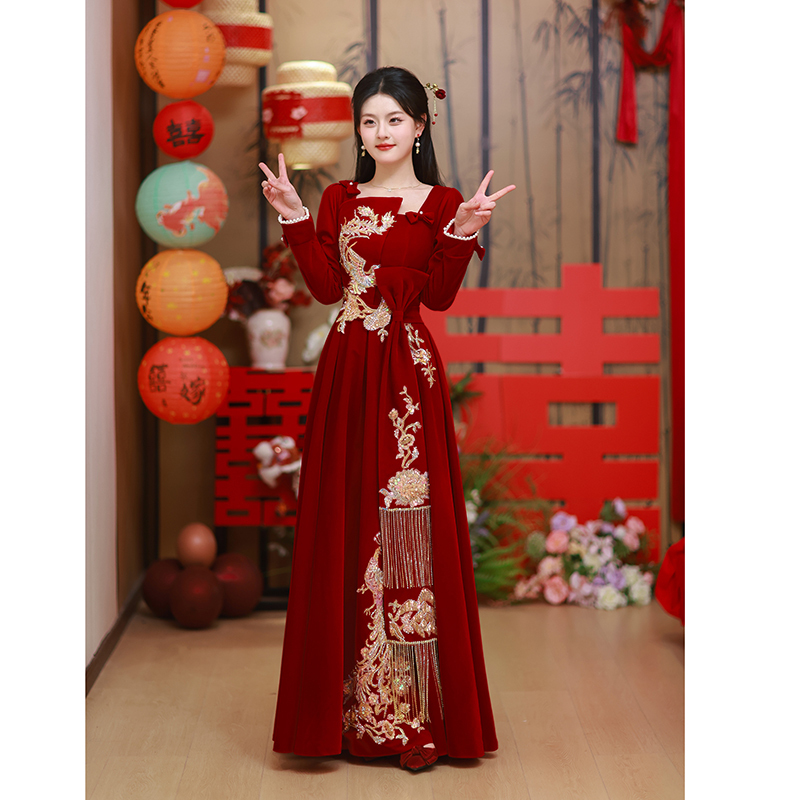 Plus-Size Toast Dress for the Bride, Spring High-End Engagement Dress, Burgundy Wedding Homecoming Long-Sleeved Velvet Dress