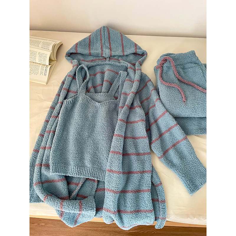Sin Glee French-Style Hooded Knitted Pajamas for Women, Winter Thickened Half-Velvet Plus-Size Loungewear Three-Piece Set