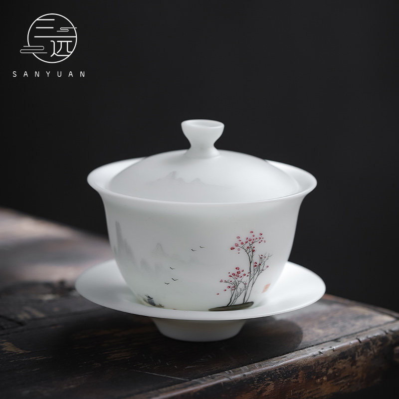 Three-far hand painted Yieshan Companion Water Goat Grease Jade White Porcelain Three-only Bowl High-end Utiliti Tea Bowl Tea Bowl Tea Bowl Cup Cup Home