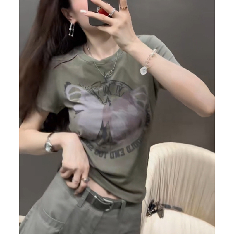 European Design Butterfly Print Short-Sleeve T-Shirt for Women, 2026 Summer New Slim-Fit Versatile Short Top