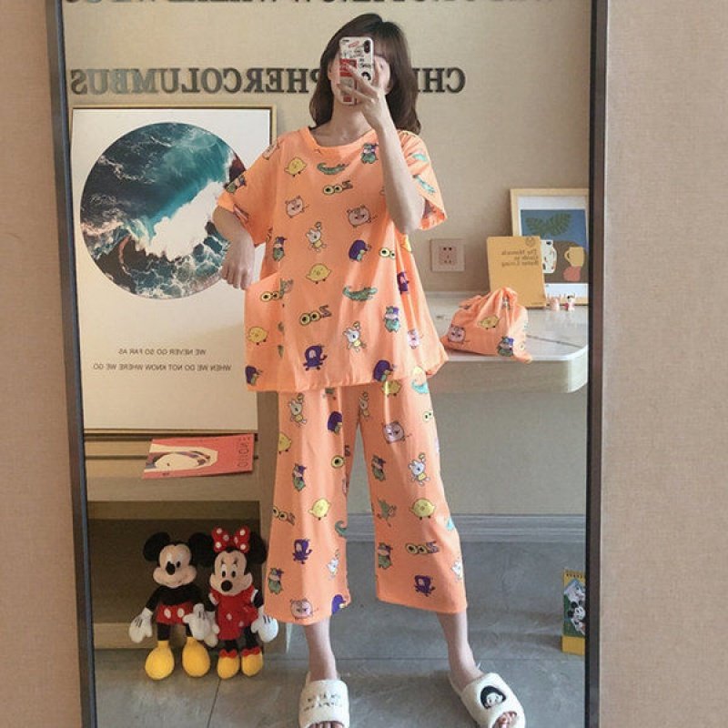 Beauty Girl Sleepwear Female Summer Student Han Edition Day Ensemble Cute Cartoon Short Sleeve Thin family clothes two sets of seven pants