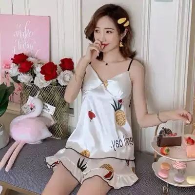 Pajamas female summer with chest pad ladies Ice Silk sexy suspenders simulation silk home clothes student two-piece suit