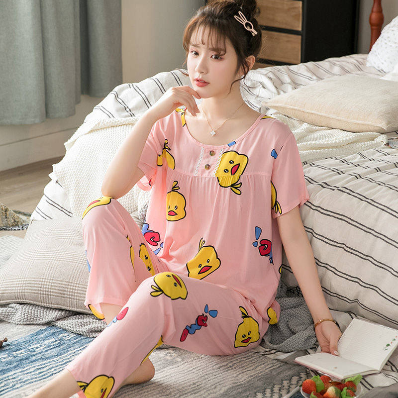 Spring and autumn cotton pajamas women's short-sleeved trousers thin two-piece suit Korean version artificial cotton silk women's summer home clothes