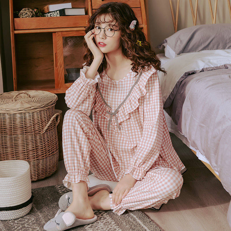 Korean Version Spring Autumn Season Pyjamas Lady Long Sleeve Thin sweet Princess Wind Students can wear a family home Two-style suit Xia