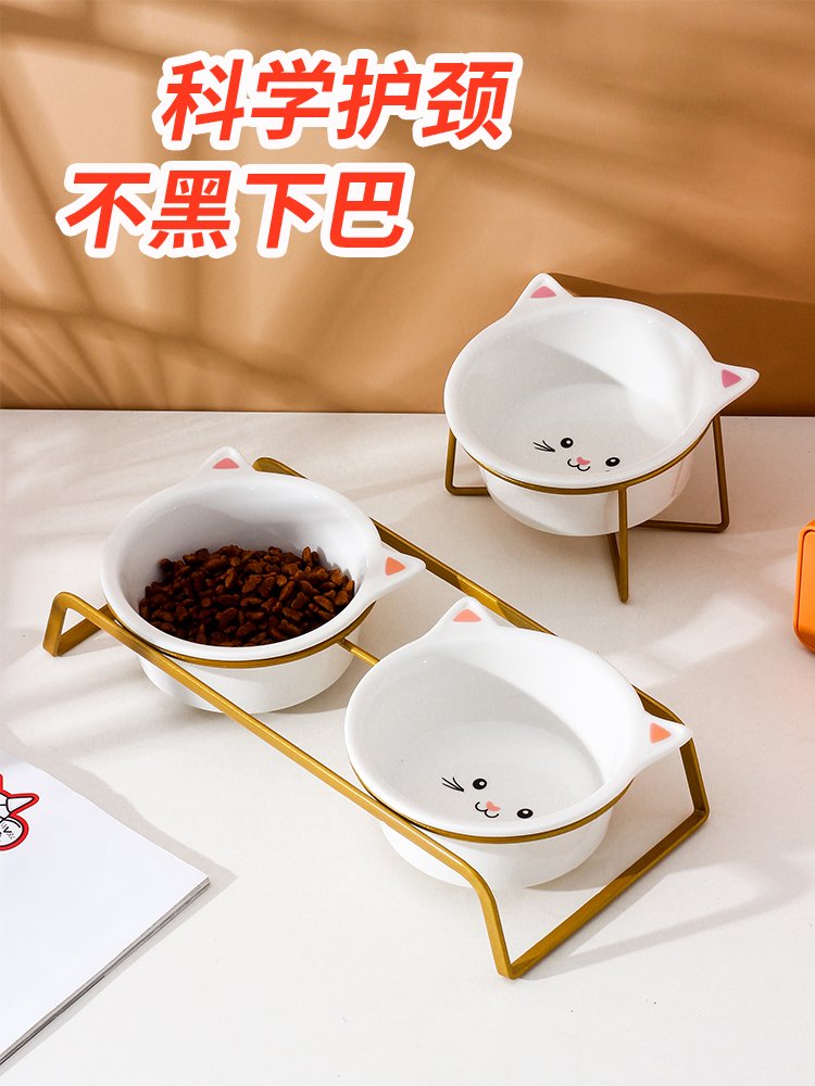Cat Bowl Double Bowl ceramic with rack Cat Rice Bowl Anti-Cat Food Basin Water Bowl Mini Dog Dog Bowl Pet Supplies