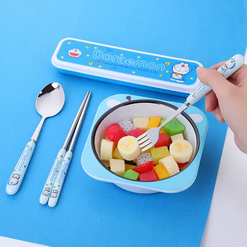 Керамическая посуда для школьников, мультяшный портативный комплект, ложка, палочки для еды из нержавеющей стали, Дораэмон, 3 предмета