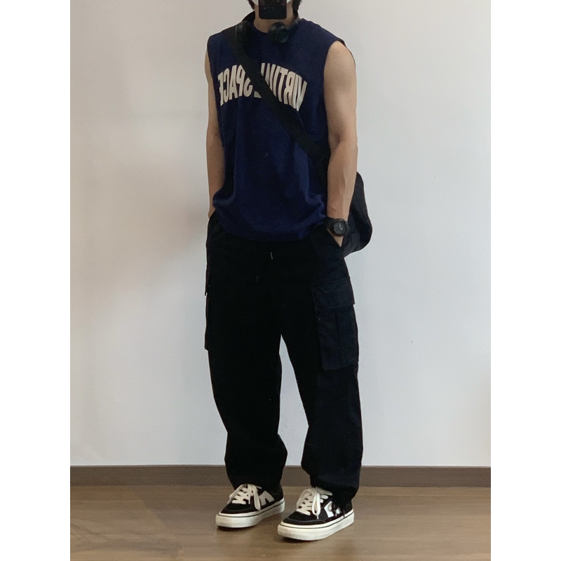 X1617 Summer New Style American Retro 300g Pure Cotton Sleeveless Letter Printed Vest T-Shirt Top for Men