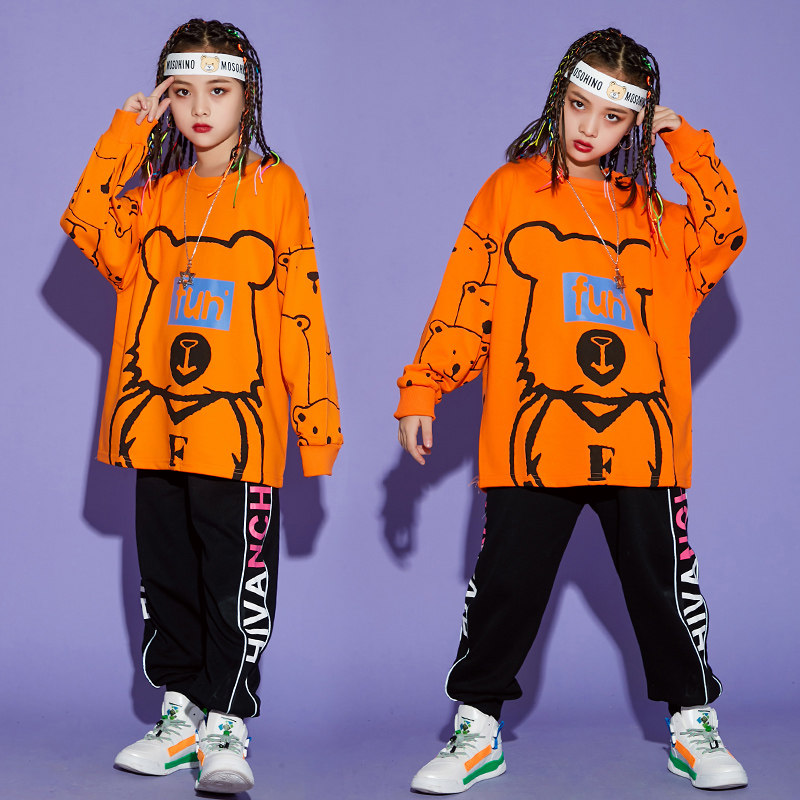 Children's new street dance clothes boys and girls trendy clothes handsome printed long-sleeved hiphop costumes hip-hop hip-hop suits