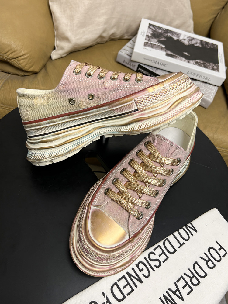 Vintage Distressed Thick-Soled Platform Canvas Shoes for Women, Hong Kong Style Niche Genuine Leather Breathable Casual Height-Increasing Dad Shoes, Distressed Shoes