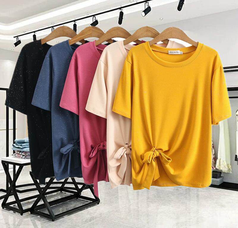 South Korea Swing with Skin Short Skin Skin Skin MM Stretch Code Women's Black Bright Silk T-shirt Summer New