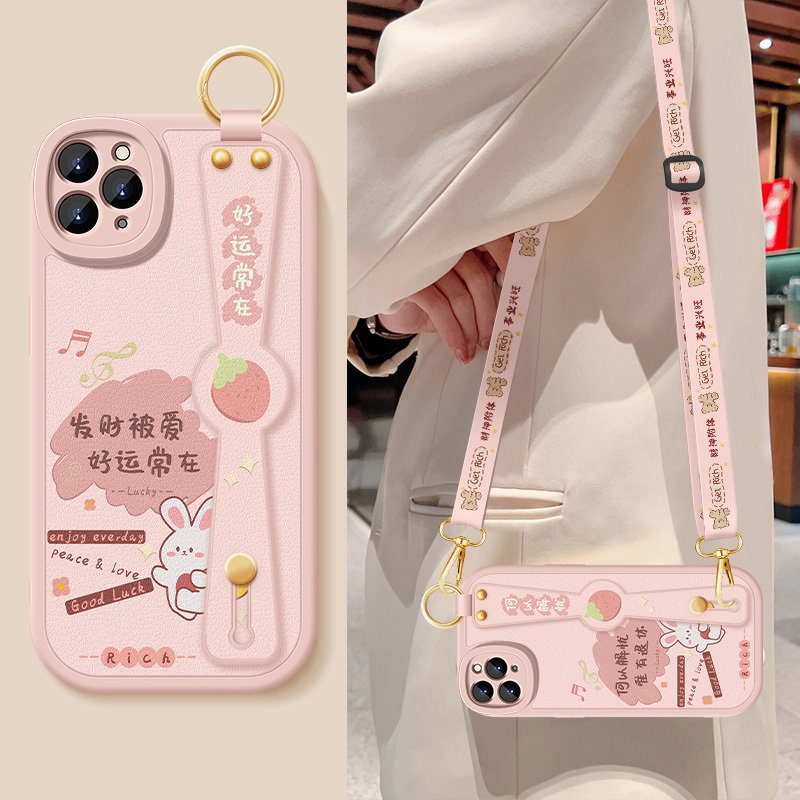 Suitable for Apple 11 Phone Case, New iPhone 11 Pro, Good Luck Always, Crossbody Wrist Strap Lanyard, Lambskin Silicone Soft Case, 11 Pro Max Full Coverage Anti-Drop Protective Case, iPhone 11 Women's Case