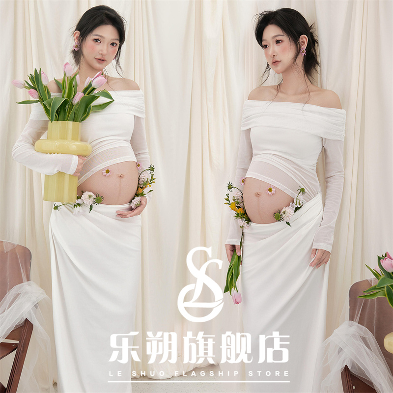 Photo Studio Maternity Photography Clothing, White One-Shoulder, High-End, Light Luxury, Elegant Style, Art Photo, Pregnant Mommy Photography Clothing
