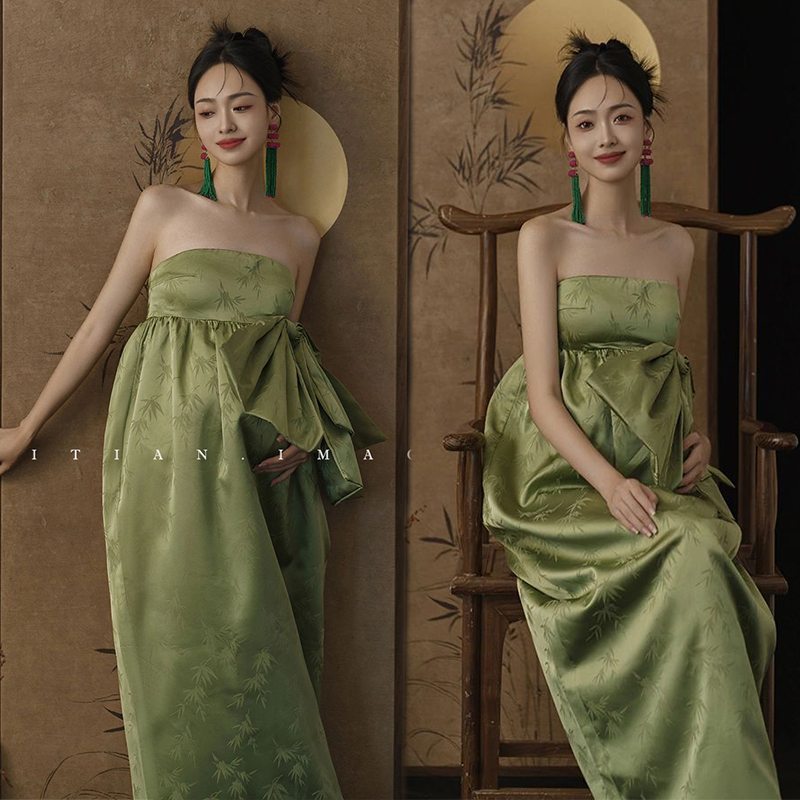 Photothemed pregnant woman Guochao themed new retro Chinese New Chinese green Breasted Skirt Gestation Mimi National Wind Photography Costume-Taobao