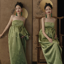 影楼孕妇国潮主题新款复古新中式绿色抹胸裙孕妈咪国风照摄影服装