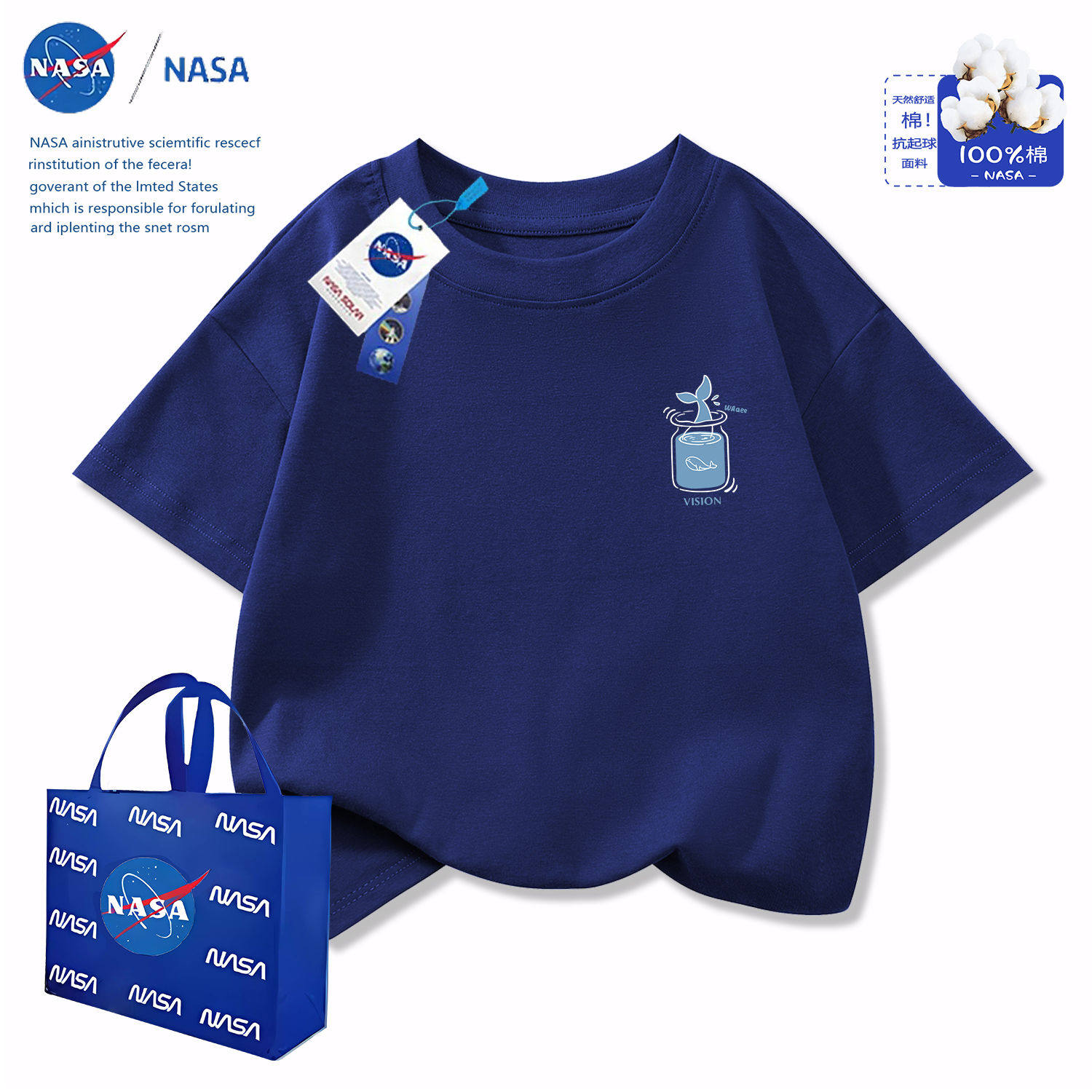 Футболка с короткими рукавами water cup little fish от совместного бренда NASA; популярная летняя одежда для мальчиков и девочек; хлопковые летние детские топы с короткими рукавами